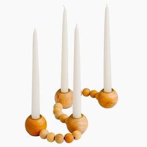 Mango Wood Beaded Taper Candle Holder NEW